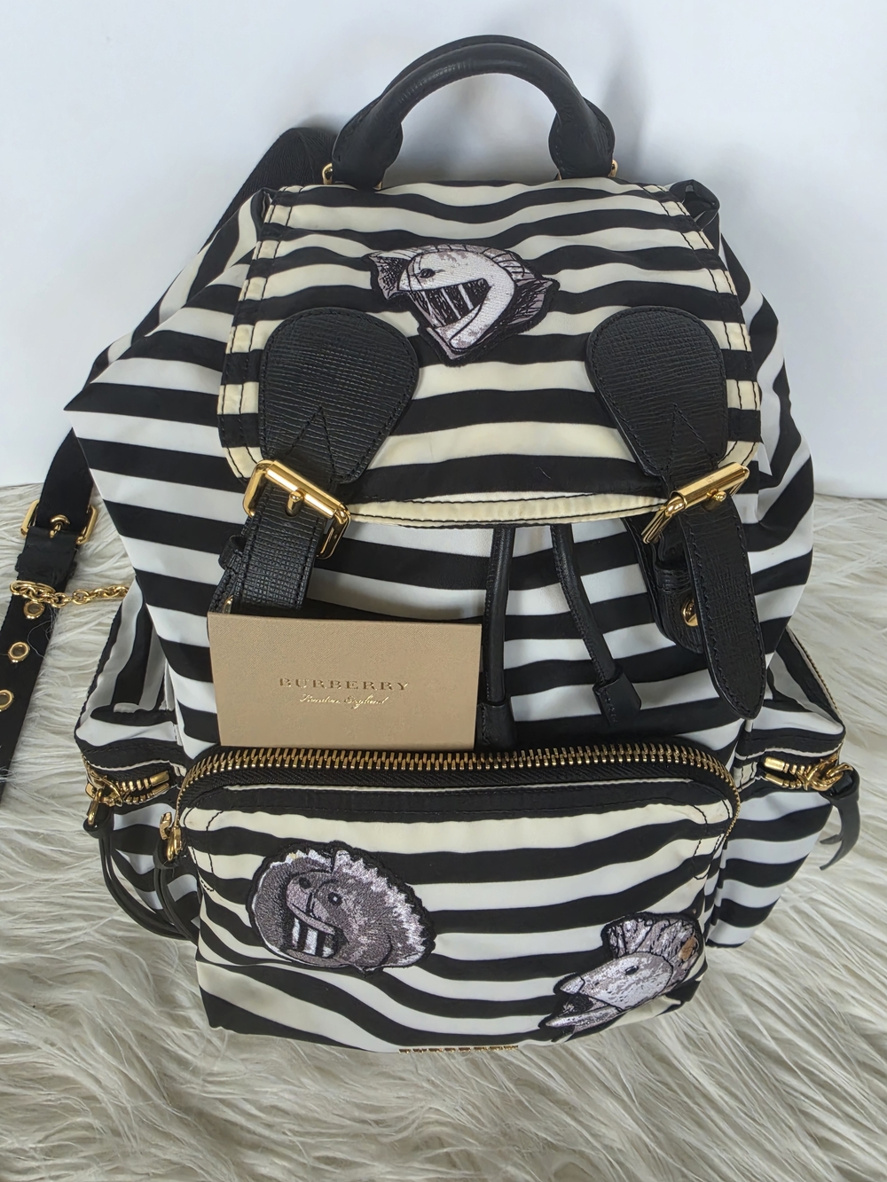 Burberry Black & White Striped Backpack with Embroidered Patches - Picture 4 of 16